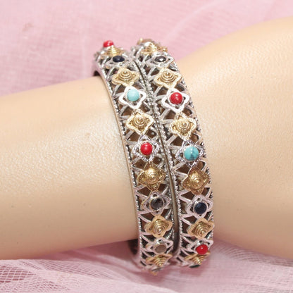 DUAL-TONE TRIKON JAALI RAJPUTANA BANGLE PAIR-SET OF 2 BANGLES-NAVRATNA