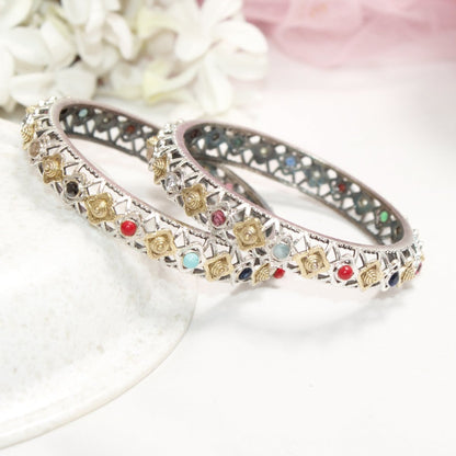 DUAL-TONE TRIKON JAALI RAJPUTANA BANGLE PAIR-SET OF 2 BANGLES-NAVRATNA