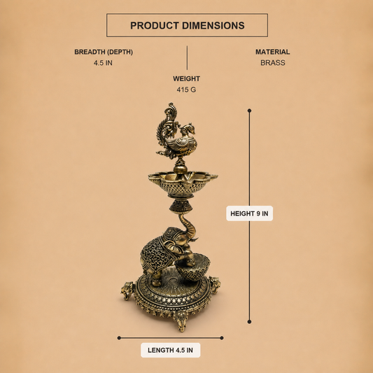 Elephant Brass Lamp with Peacock Finial — product dimensions