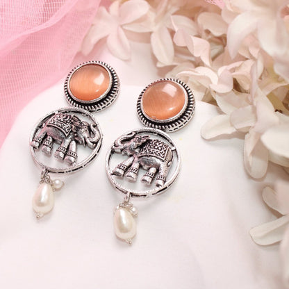 ELEPHANT IN RING & MONALISA STONE EARRING-ORANGE