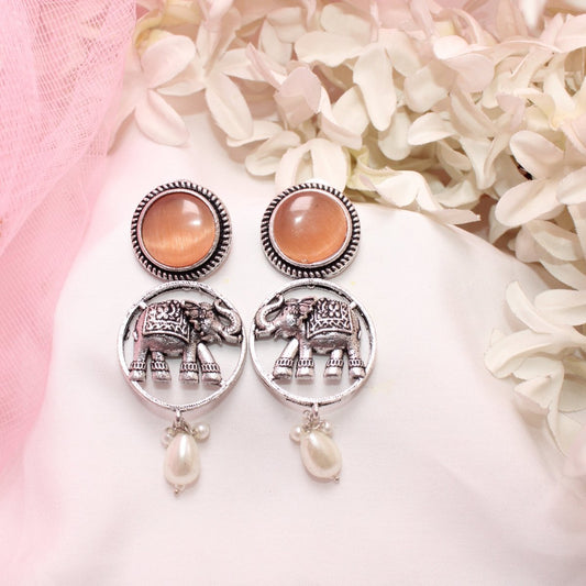 ELEPHANT IN RING & MONALISA STONE EARRING - ORANGE