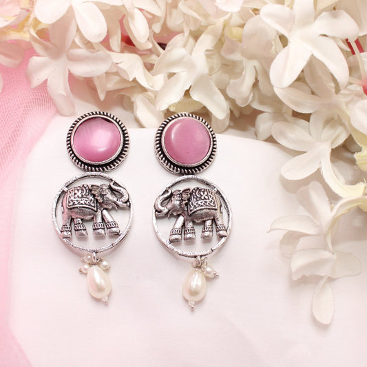 ELEPHANT IN RING & MONALISA STONE EARRING - PINK