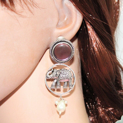ELEPHANT IN RING & MONALISA STONE EARRING-PURPLE