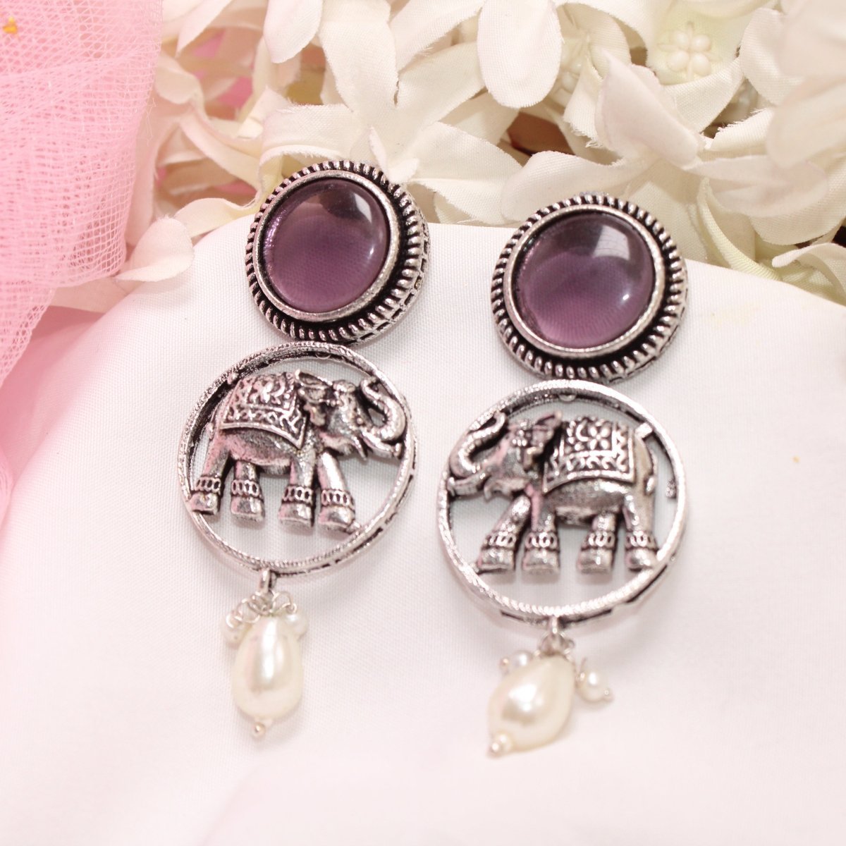 ELEPHANT IN RING & MONALISA STONE EARRING-PURPLE