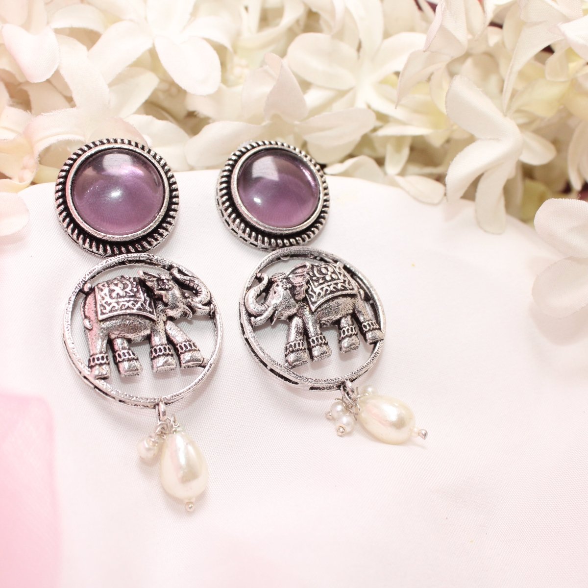 ELEPHANT IN RING & MONALISA STONE EARRING - PURPLE