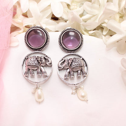 ELEPHANT IN RING & MONALISA STONE EARRING - PURPLE
