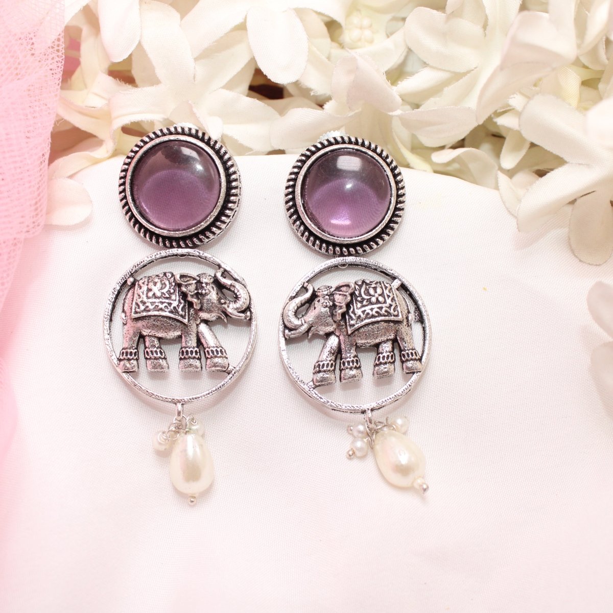 ELEPHANT IN RING & MONALISA STONE EARRING - PURPLE