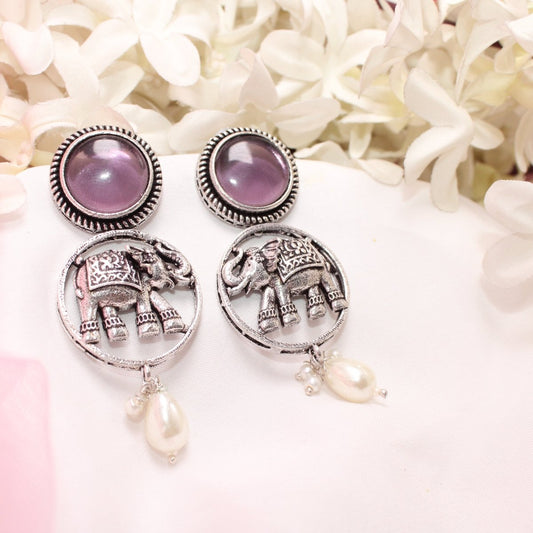 ELEPHANT IN RING & MONALISA STONE EARRING - PURPLE