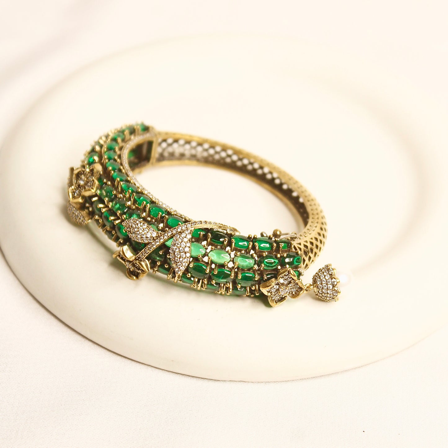 Emerald Green Beaded Leaf Motif Layered Kada – product view 1