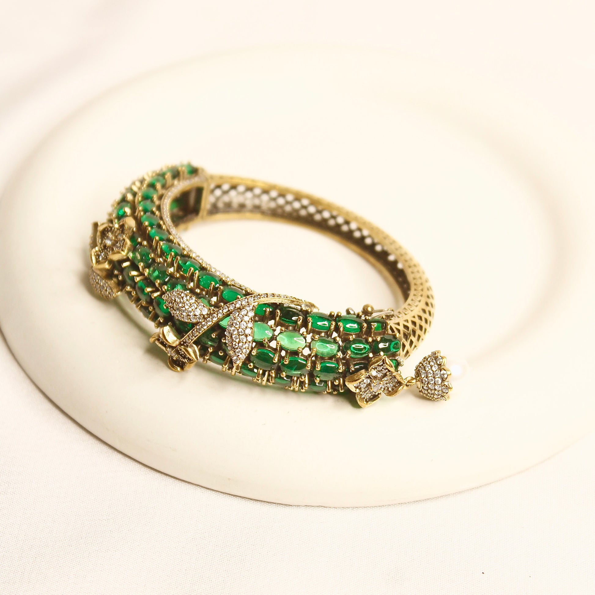Emerald Green Beaded Leaf Motif Layered Kada – product view 1