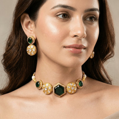 Emerald Green Kundan Choker Necklace Set – Handcrafted Gold-Plated Bridal Jewellery