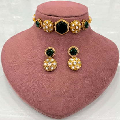 Emerald Green Kundan Choker Necklace Set – Handcrafted Gold-Plated Bridal Jewellery