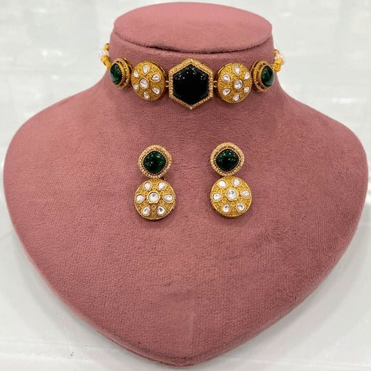 Emerald Green Kundan Choker Necklace Set – Handcrafted Gold-Plated Bridal Jewellery