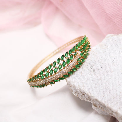 Emerald Green Leaf Design AD Openable Kada – Gold Finish Bracelet