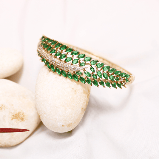 Emerald Green Leaf Design AD Openable Kada – Gold Finish Bracelet