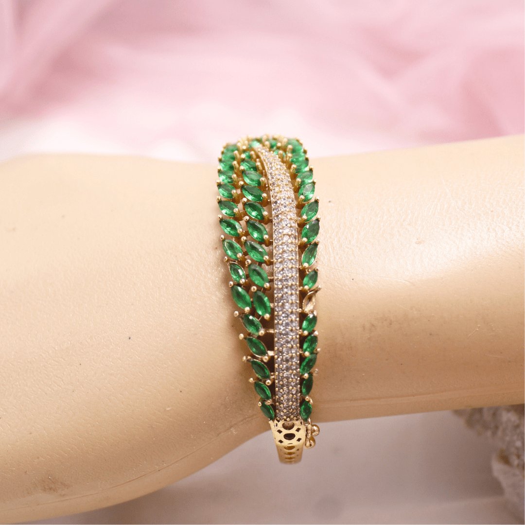 Emerald Green Leaf Design AD Openable Kada – Gold Finish Bracelet