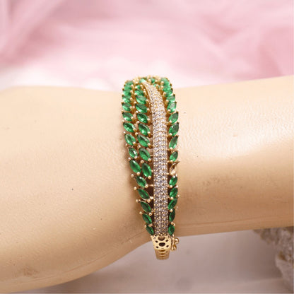Emerald Green Leaf Design AD Openable Kada – Gold Finish Bracelet
