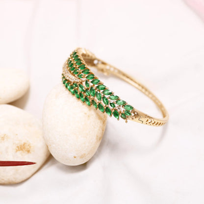 Emerald Green Leaf Design AD Openable Kada – Gold Finish Bracelet