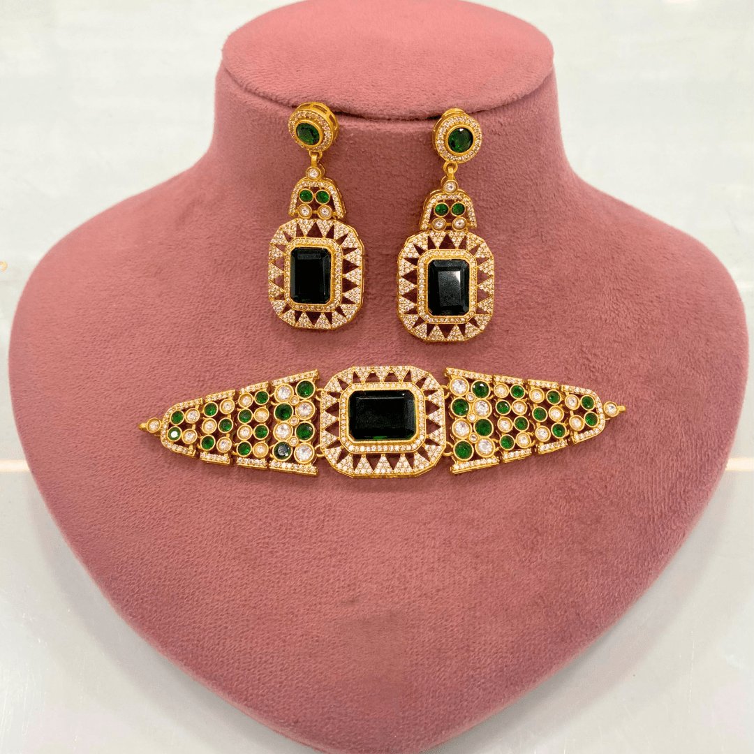 Emerald Noir Choker Necklace Set – Handcrafted Gold-Plated Bridal Jewellery