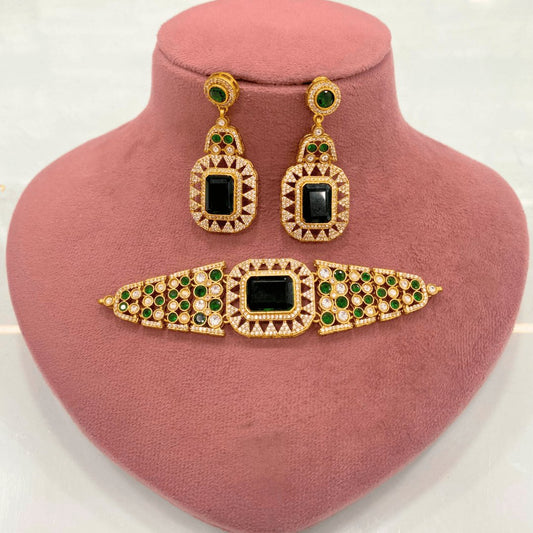 Emerald Noir Choker Necklace Set – Handcrafted Gold-Plated Bridal Jewellery