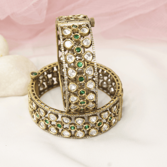 Emerald & Polki Cutwork Kada (Set of 2) – Navraee Antique Gold Cuffs