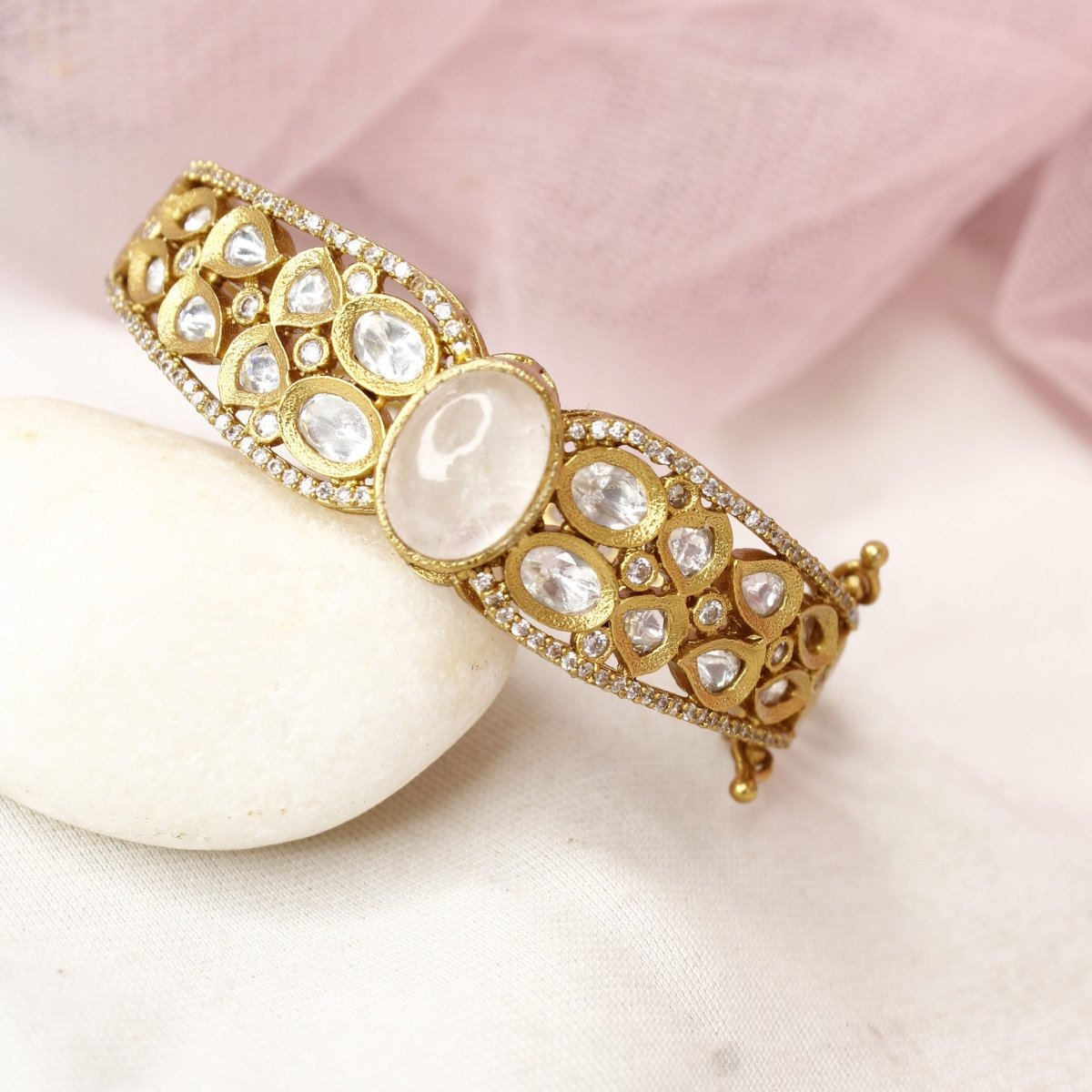 Ethereal Antique Polki Kada with Milky Quartz Stone