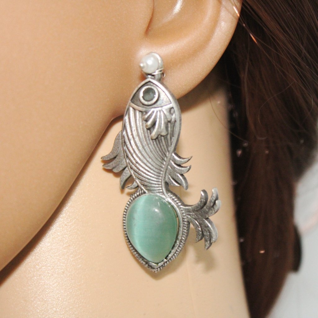 FISH PATTERN WITH DROP SHAPE STONE STUDS-TURQUOISE BLUE