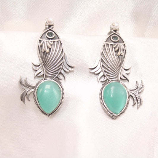 FISH PATTERN WITH DROP SHAPE STONE STUDS-TURQUOISE BLUE