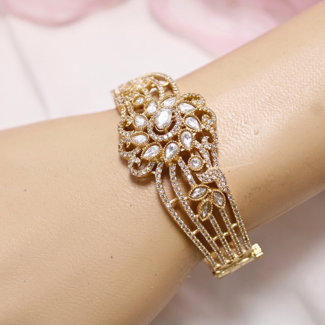 Floral AD Openable Kada – Gold Finish Designer Bracelet