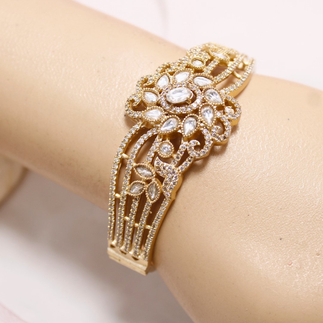 Floral AD Openable Kada – Gold Finish Designer Bracelet