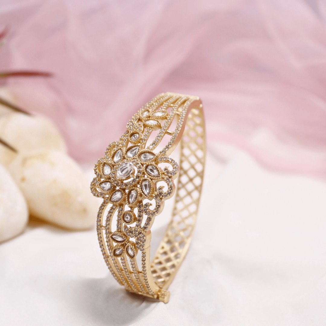 Floral AD Openable Kada – Gold Finish Designer Bracelet