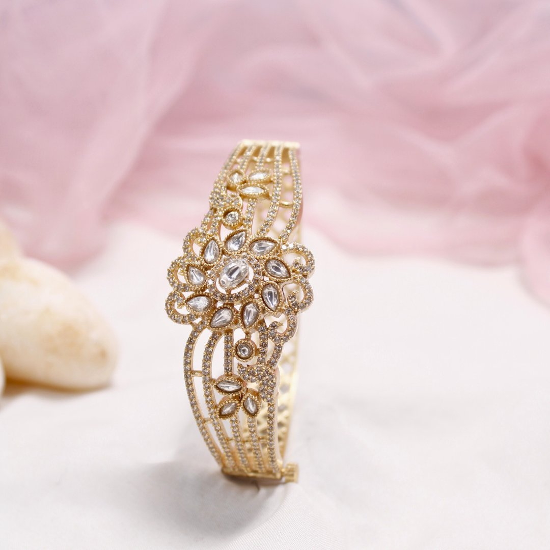 Floral AD Openable Kada – Gold Finish Designer Bracelet