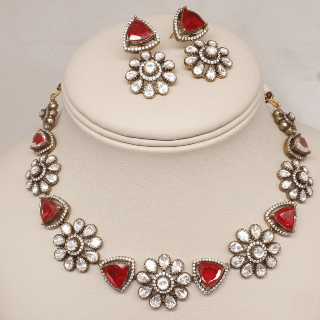 Floral Antique Necklace with Red Stones