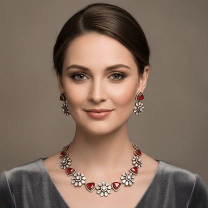 Floral Antique Necklace with Red Stones