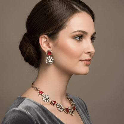 Floral Antique Necklace with Red Stones