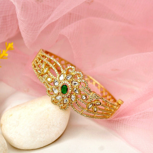 Floral Cluster Kada White Polki & Emerald Green