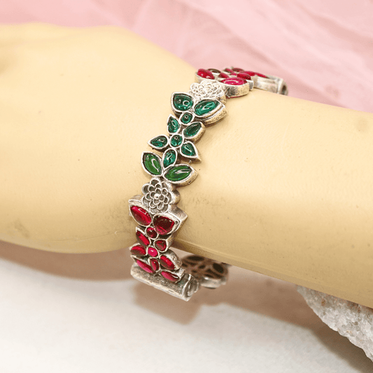 Floral Leaf Design Kada – Red - Green Stones in Tribal Silver Fini
