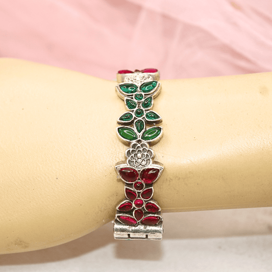 Floral Leaf Design Kada – Red - Green Stones in Tribal Silver Fini