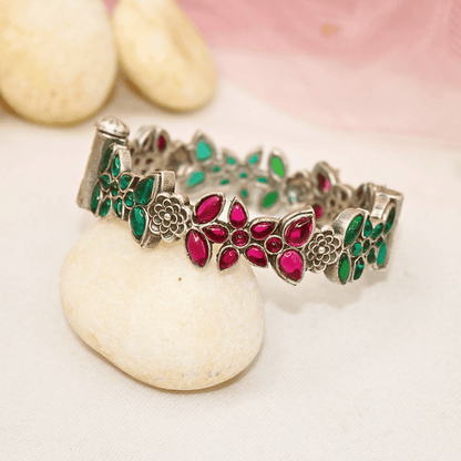 Floral Leaf Design Kada – Red - Green Stones in Tribal Silver Fini