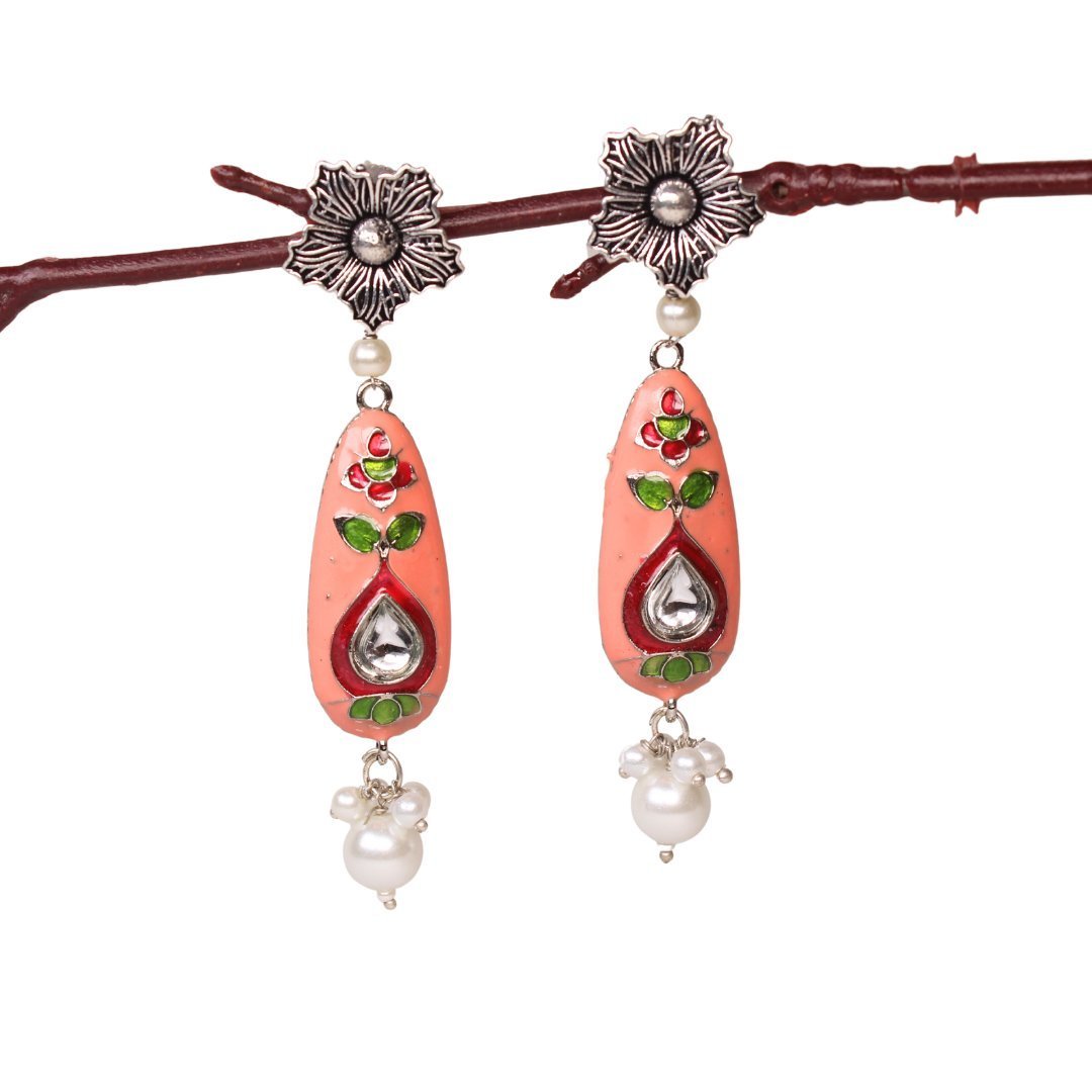 FLOWER & DROP -MEENAKARI JHUMKA-PEACH