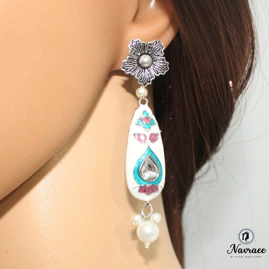 FLOWER & DROP -MEENAKARI JHUMKA-WHITE