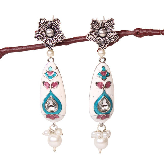 FLOWER & DROP -MEENAKARI JHUMKA-WHITE