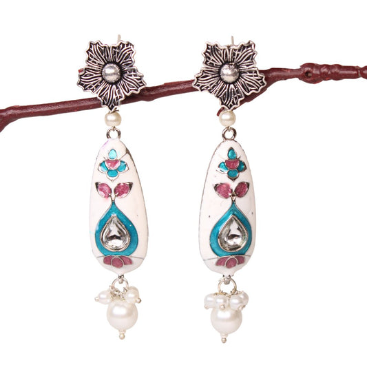 FLOWER & DROP - MEENAKARI JHUMKA - WHITE
