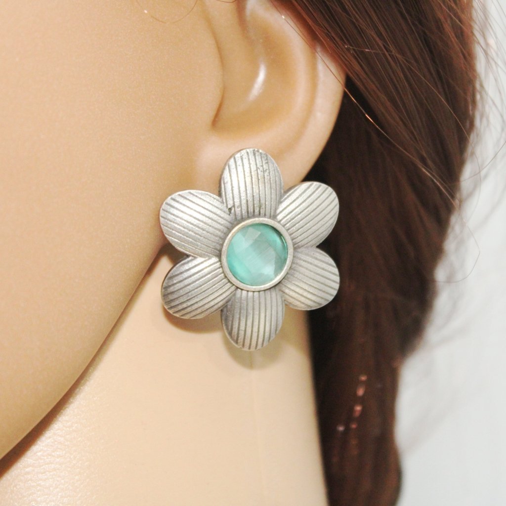 FLOWER PATTERN WITH ROUND STONE STUDS-TURQUOISE GREEN
