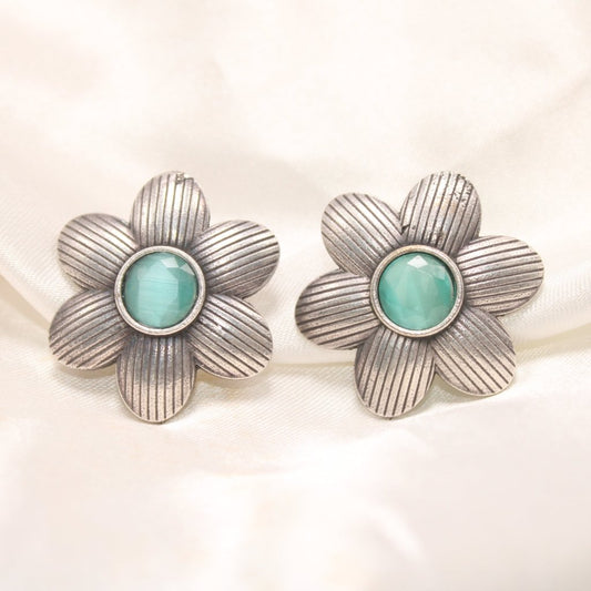 FLOWER PATTERN WITH ROUND STONE STUDS - TURQUOISE GREEN