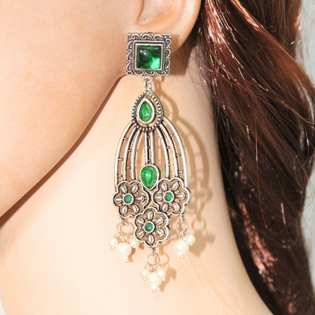 FLOWER TRIPLET DUAL-TONE STONE DANGLER JHUMKA-GREEN