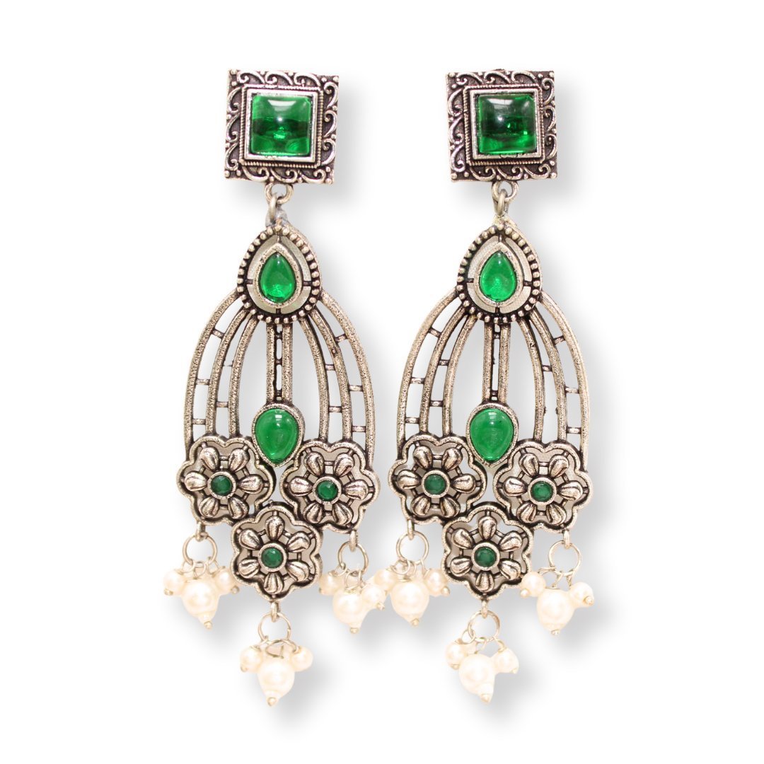FLOWER TRIPLET DUAL-TONE STONE DANGLER JHUMKA-GREEN