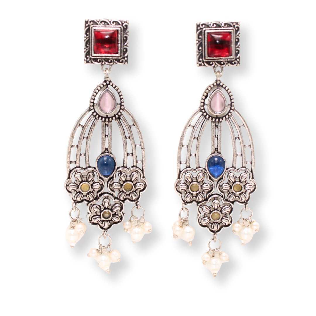 FLOWER TRIPLET DUAL-TONE STONE DANGLER JHUMKA-RED & BLUE