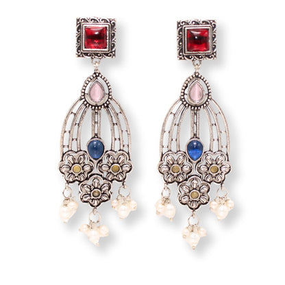 FLOWER TRIPLET DUAL-TONE STONE DANGLER JHUMKA-RED & BLUE