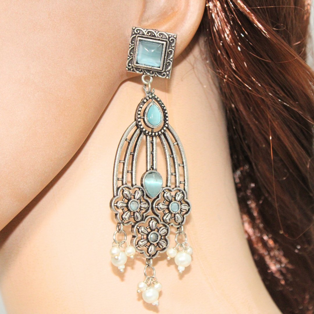 FLOWER TRIPLET DUAL-TONE STONE DANGLER JHUMKA-SKY BLUE